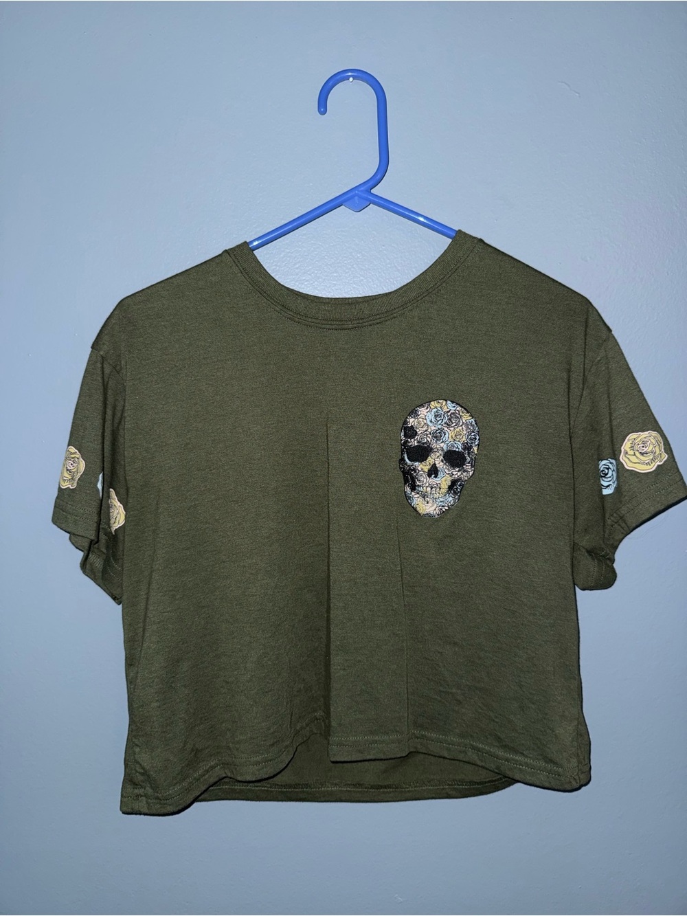 Olive Green Floral Skull Crop Top - Women LARGE